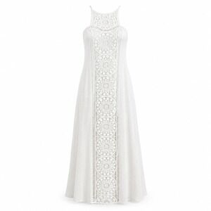 Shinestar White‎ Crochet Lace Panel Maxi Dress Smocked Boho M Beach Cottagecore